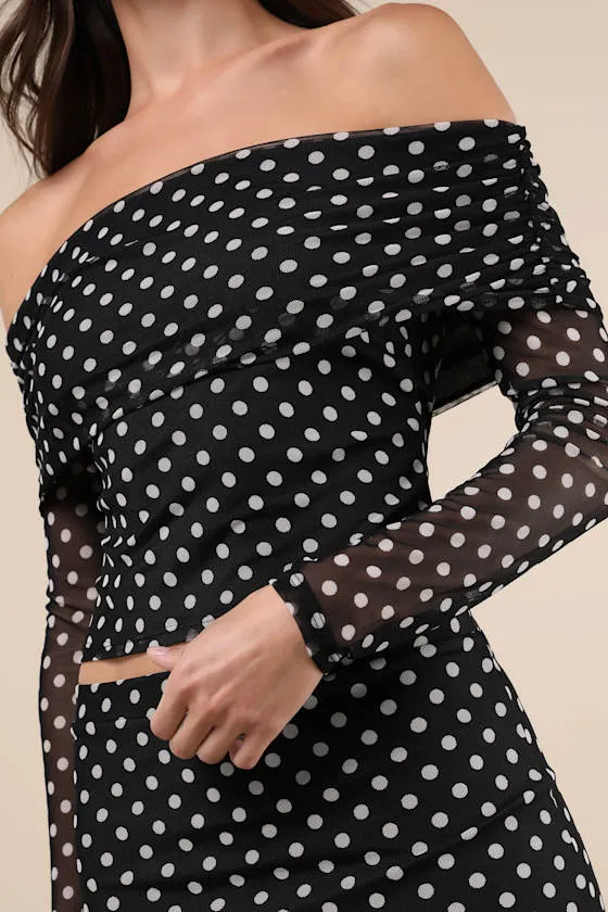 Notoriously Cute Black Polka Dot Mesh Off-the-Shoulder Top sold by Lulus product image thumbnail 4