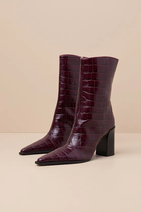 Raffaela Merlot Wine Leather Croc-Embossed Ankle Boots sold by Lulus