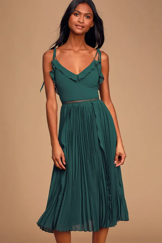 Never a Dull Moment Emerald Green Tie-Strap Pleated Midi Dress sold by Lulus