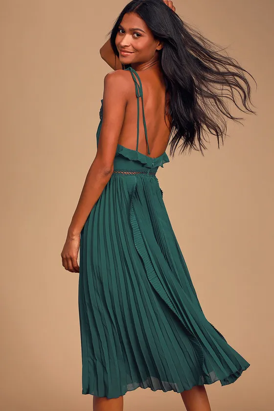 Never a Dull Moment Emerald Green Tie-Strap Pleated Midi Dress sold by Lulus product image thumbnail 2