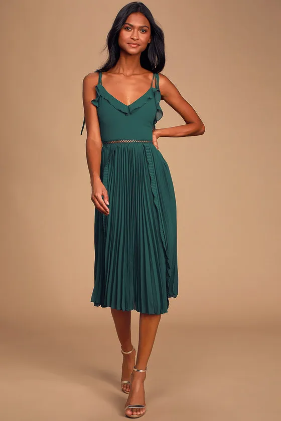 Never a Dull Moment Emerald Green Tie-Strap Pleated Midi Dress sold by Lulus product image thumbnail 3