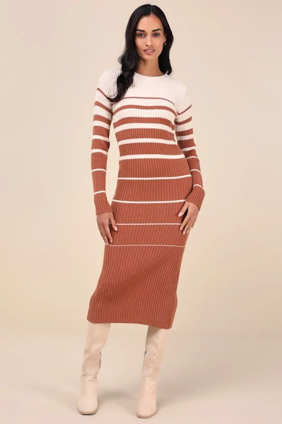 Seasonal Status Ivory and Brown Striped Midi Sweater Dress sold by Lulus