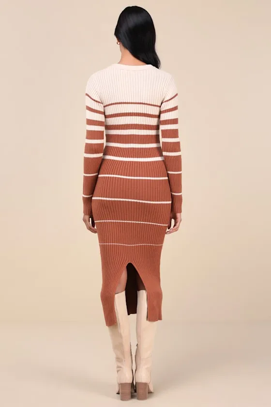 Seasonal Status Ivory and Brown Striped Midi Sweater Dress sold by Lulus product image thumbnail 2