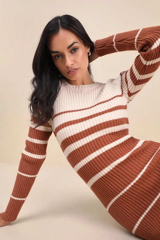 Seasonal Status Ivory and Brown Striped Midi Sweater Dress sold by Lulus product image thumbnail 3
