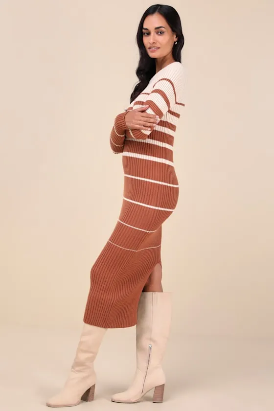 Seasonal Status Ivory and Brown Striped Midi Sweater Dress sold by Lulus product image thumbnail 4