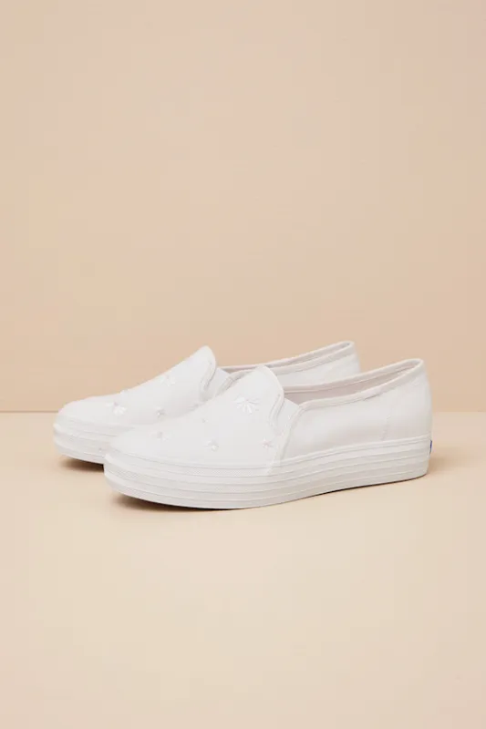 Triple Decker Snow White Canvas Embroidered Platform Sneakers sold by Lulus