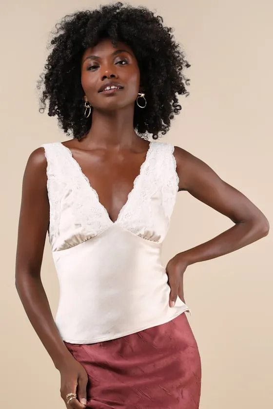 Wildly Perfect Champagne Satin Lace V-Neck Tank Top sold by Lulus