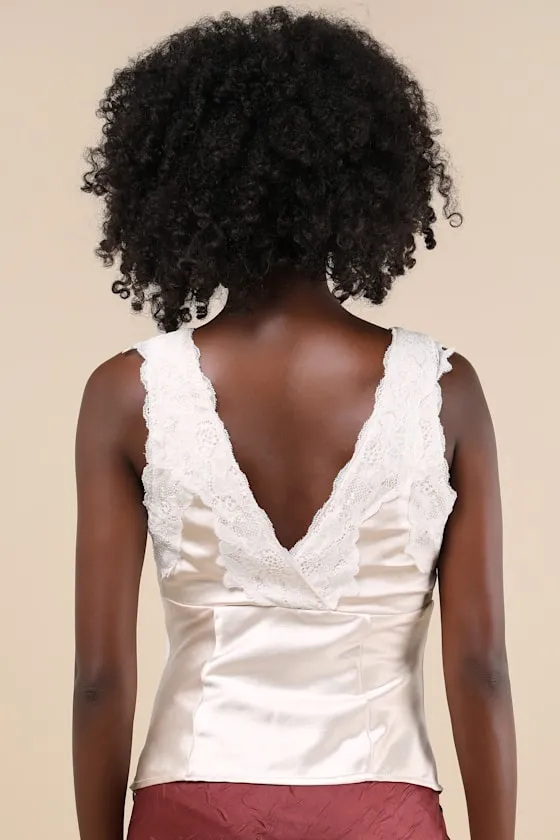 Wildly Perfect Champagne Satin Lace V-Neck Tank Top sold by Lulus product image thumbnail 2