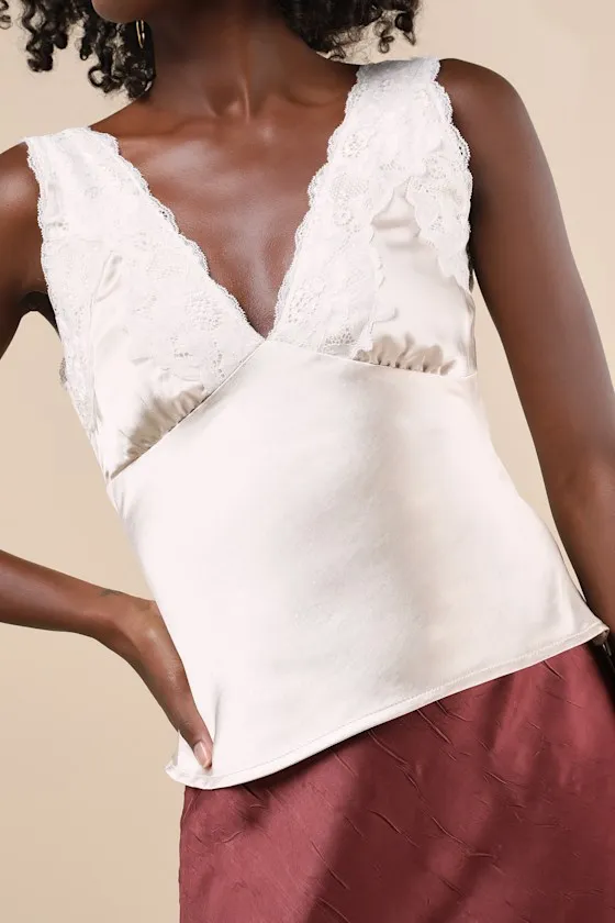 Wildly Perfect Champagne Satin Lace V-Neck Tank Top sold by Lulus product image thumbnail 4