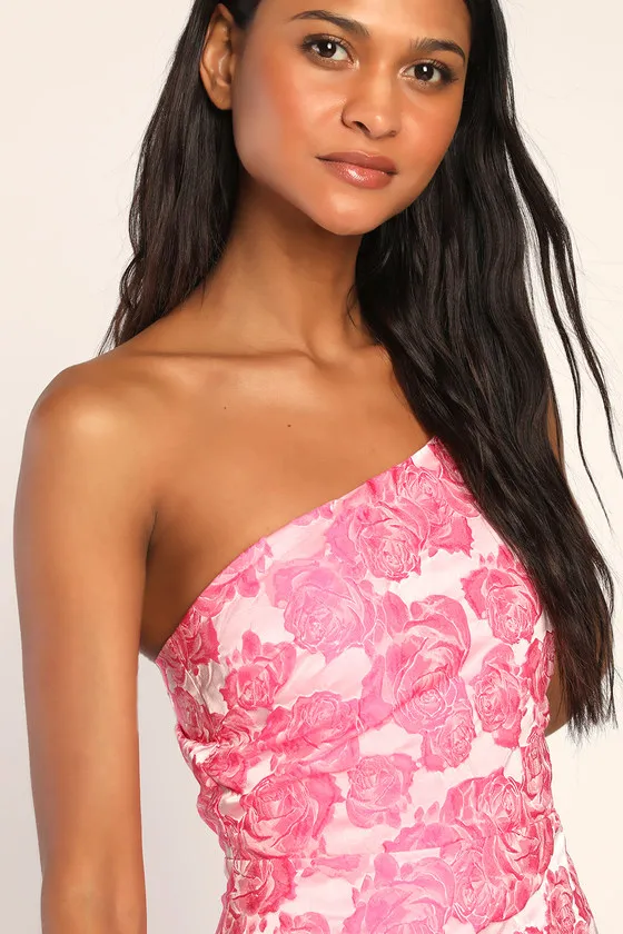 Flowery Fete Pink Floral Jacquard One-Shoulder Mini Dress sold by Lulus product image thumbnail 3