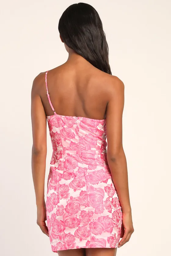 Flowery Fete Pink Floral Jacquard One-Shoulder Mini Dress sold by Lulus product image thumbnail 4