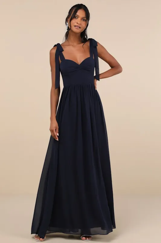 Radiant Charisma Navy Chiffon Ruched Tie-Strap Maxi Dress sold by Lulus