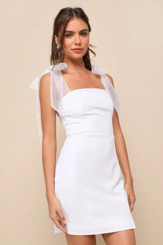 Beaming Perfection White Pearl Organza Tie-Strap Mini Dress sold by Lulus