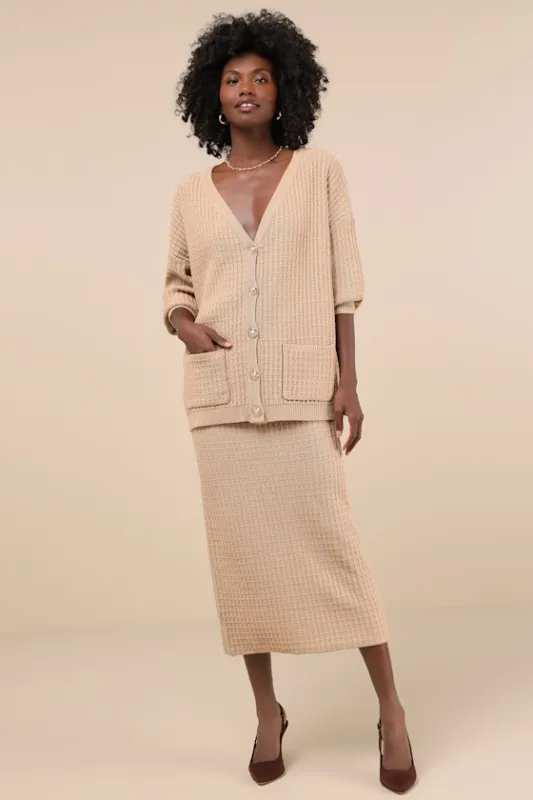 Toasty Sophistication Tan Two-Piece Cardi Sweater Midi Dress sold by Lulus