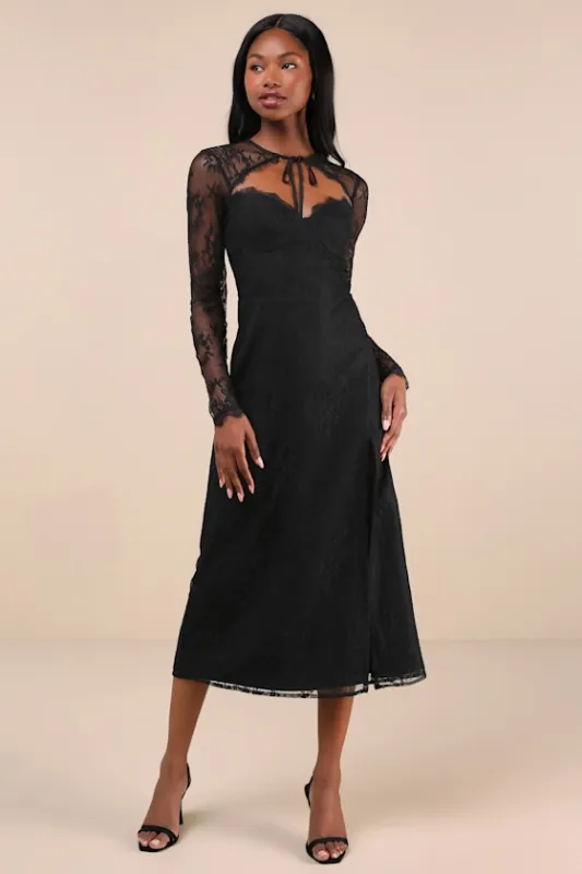 Desirably Dramatic Black Lace Long Sleeve Cutout Midi Dress sold by Lulus
