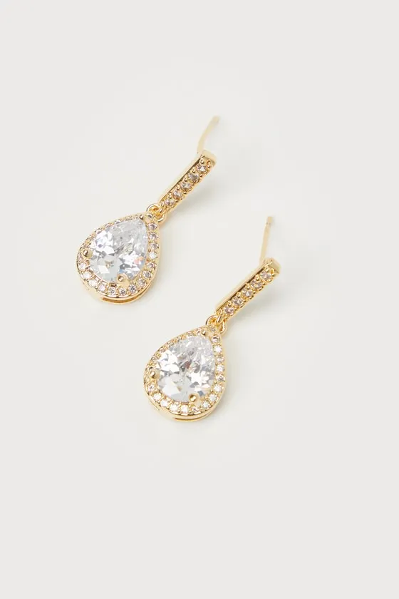Posh Drama Gold Rhinestone Teardrop Earrings sold by Lulus product image thumbnail 3