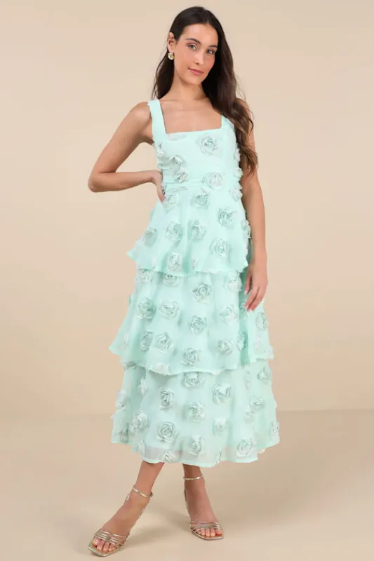 Exceptional Entrance Mint Sleeveless Tiered Rosette Midi Dress sold by Lulus