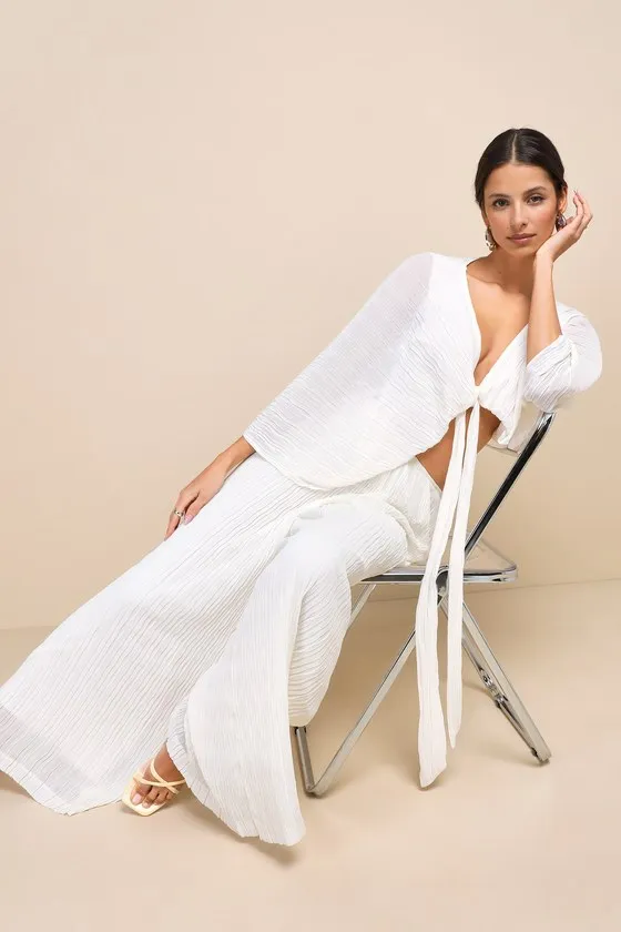 Pristine Presence Ivory Plisse High-Waisted Wide-Leg Pants sold by Lulus