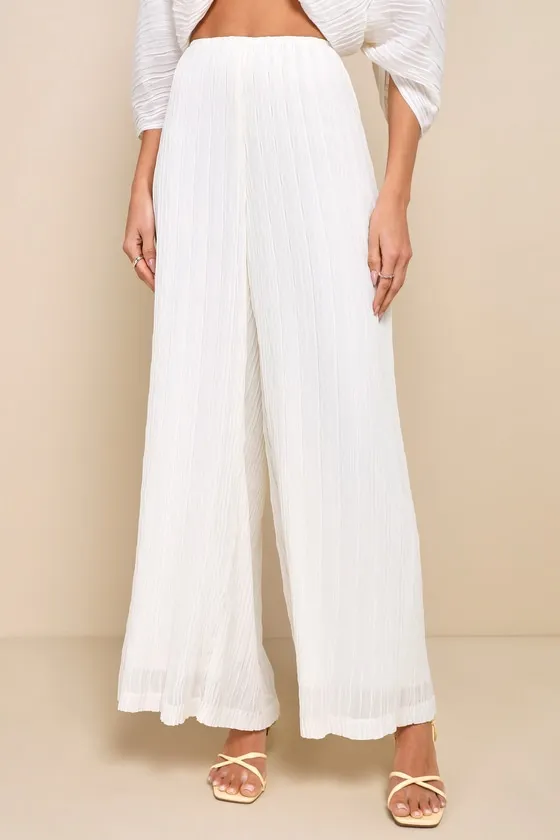 Pristine Presence Ivory Plisse High-Waisted Wide-Leg Pants sold by Lulus product image thumbnail 2