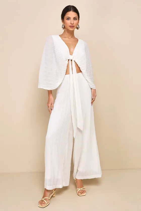 Pristine Presence Ivory Plisse High-Waisted Wide-Leg Pants sold by Lulus product image thumbnail 3