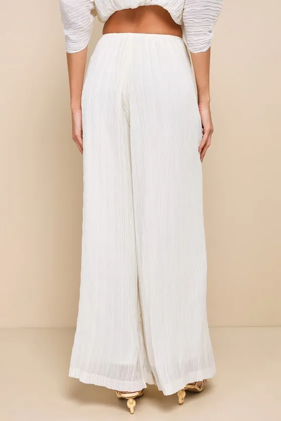 Pristine Presence Ivory Plisse High-Waisted Wide-Leg Pants sold by Lulus product image thumbnail 4