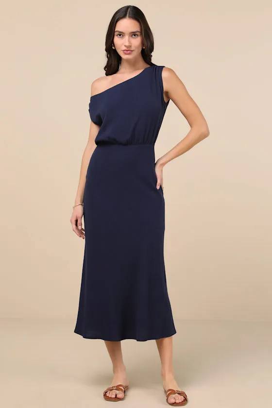 Casual Enchantment Navy Linen Off-the-Shoulder Midi Dress sold by Lulus