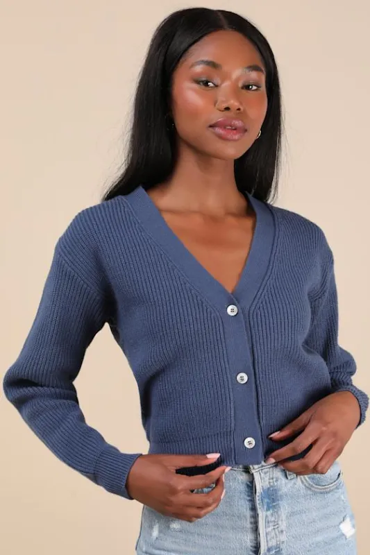 Toasty Babe Dark Blue Knit Button-Up Cropped Cardigan sold by Lulus