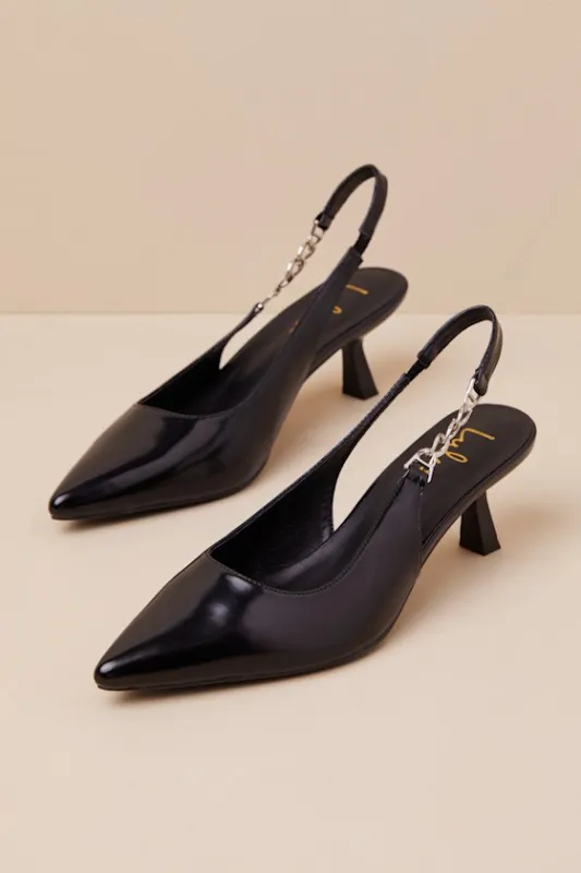 Jonnah Black Chain Slingback Strap Pointed-Toe Pumps sold by Lulus
