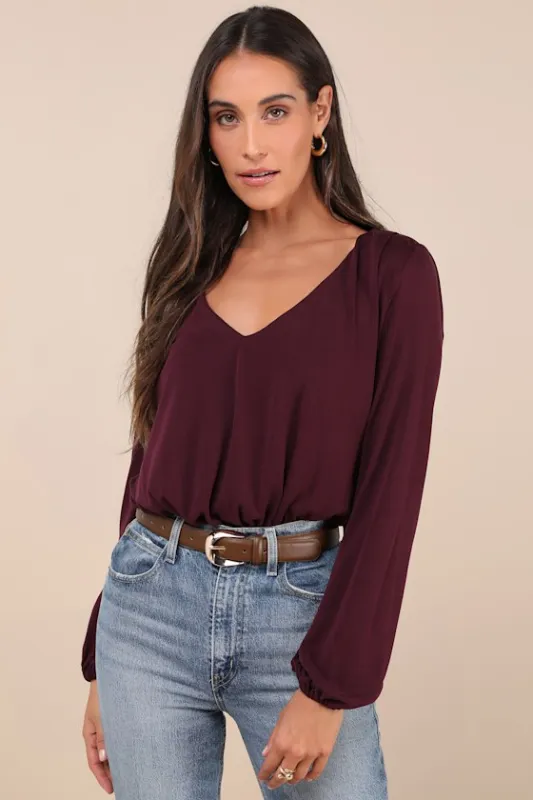 Chic on Repeat Plum Purple V-Neck Long Sleeve Bodysuit sold by Lulus