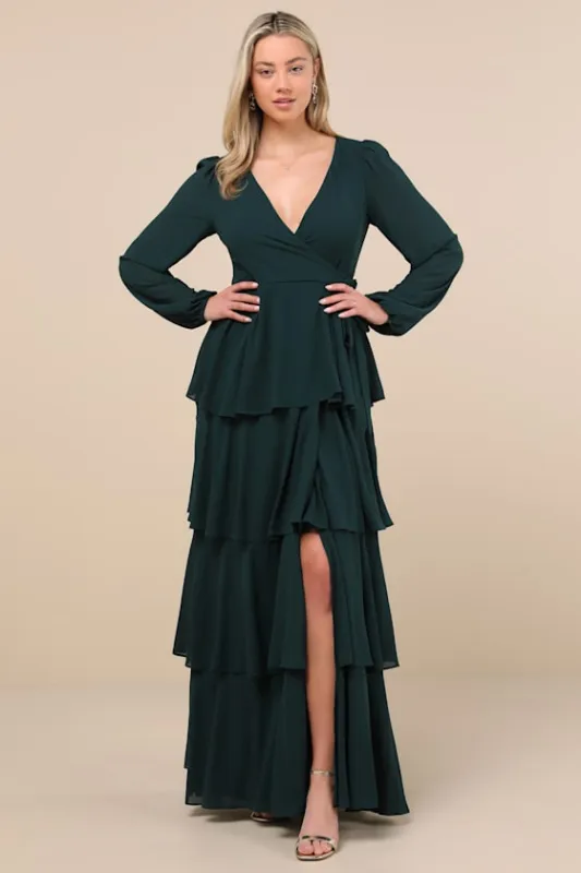 Marvelous Grace Emerald Long Sleeve Tiered Wrap Maxi Dress sold by Lulus