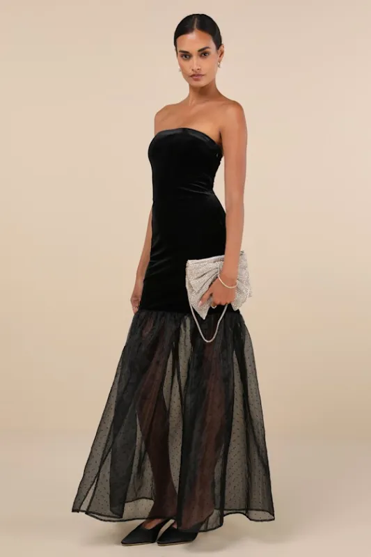 Esteemed Glamour Black Velvet Strapless Trumpet Hem Maxi Dress sold by Lulus