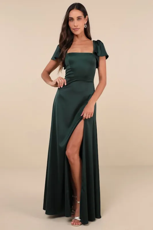 Ultimate Sweetness Emerald Green Satin Flutter Sleeve Maxi Dress sold by Lulus