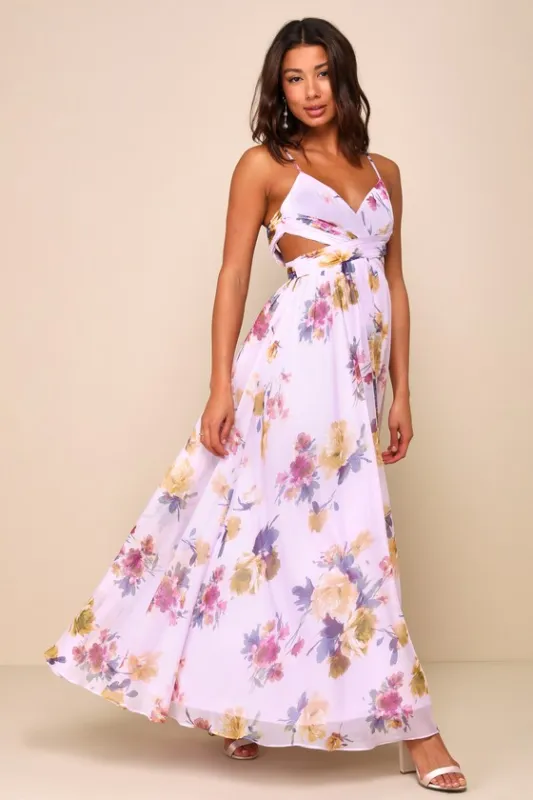 Exceptional Dream Lavender Floral Backless Cutout Maxi Dress sold by Lulus