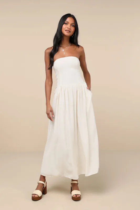 Undeniable Affection Ivory Strapless Maxi Dress With Pockets sold by Lulus
