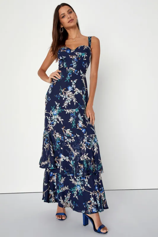 Stunning Sweetness Navy Blue Floral Burnout Maxi Dress sold by Lulus