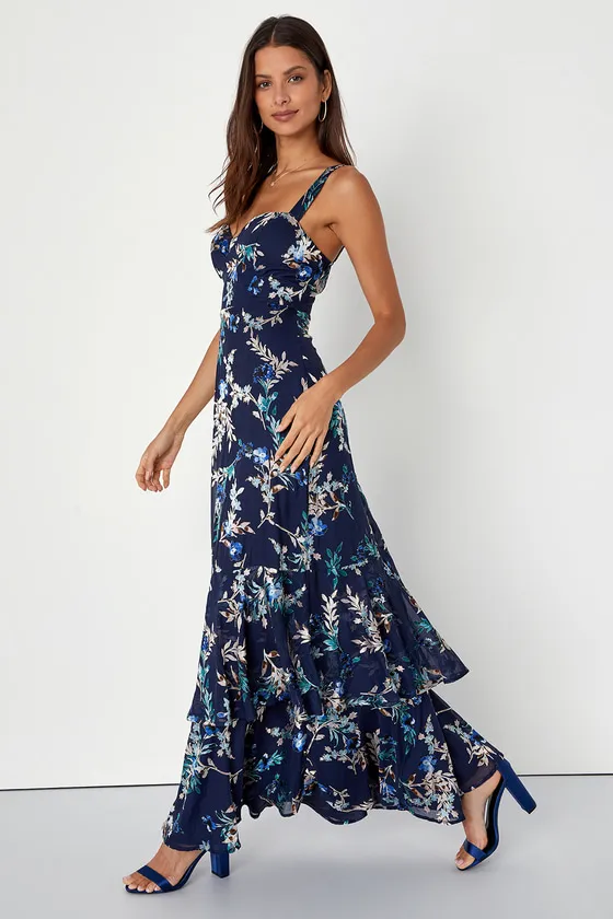Stunning Sweetness Navy Blue Floral Burnout Maxi Dress sold by Lulus product image thumbnail 4