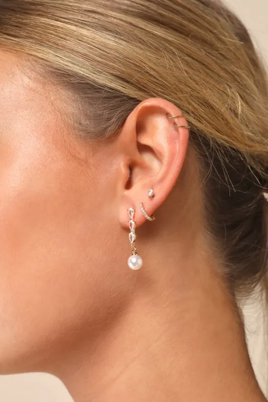 Dreamy Dazzle Gold Rhinestone Pearl Drop Earrings sold by Lulus