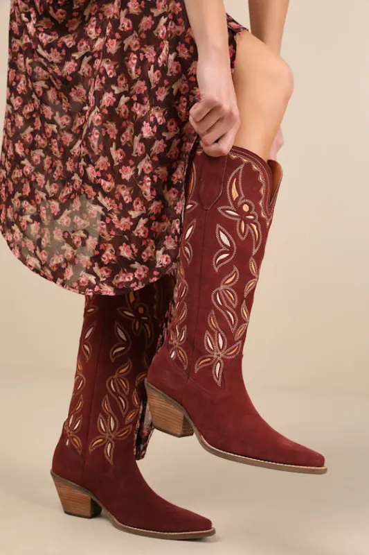 Bandelera Burgundy Suede Leather Knee-High Western Boots sold by Lulus