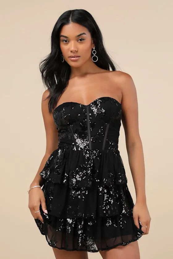Definite Glamour Black Mesh Sequin Bustier Tiered Mini Dress sold by Lulus