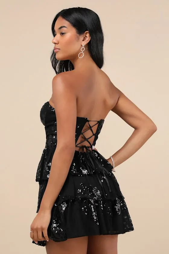 Definite Glamour Black Mesh Sequin Bustier Tiered Mini Dress sold by Lulus product image thumbnail 2