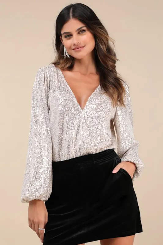 Evening of Wonder Champagne Sequin Long Sleeve Bodysuit sold by Lulus