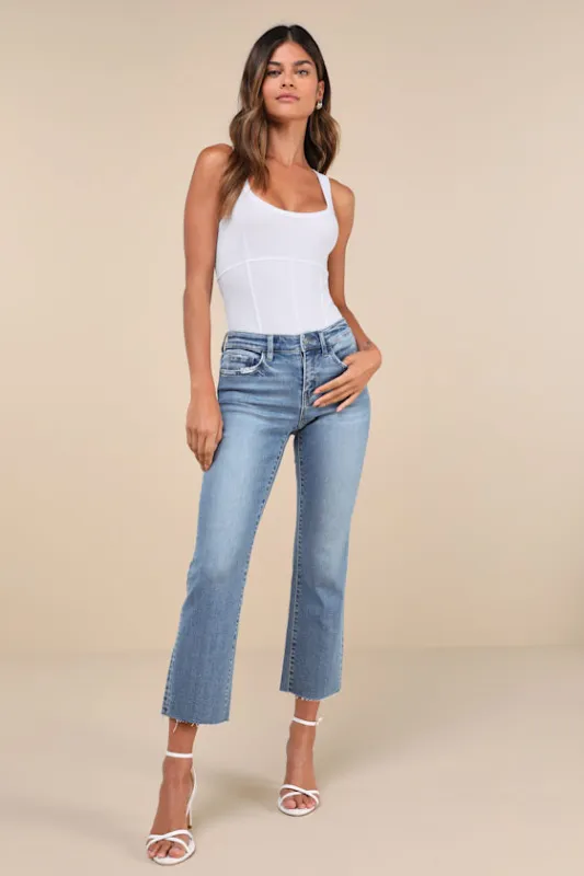 Melissa Light Wash Mid-Rise Straight Leg Raw Hem Jeans sold by Lulus