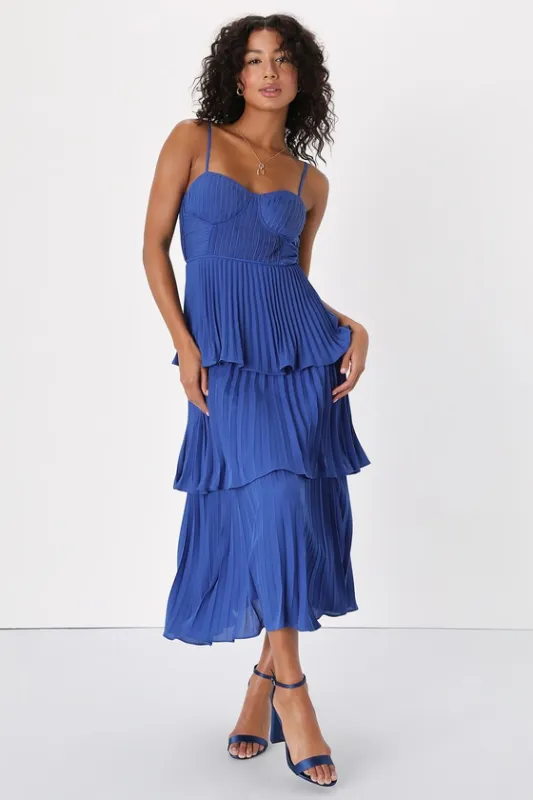 Cascading Crush Cobalt Blue Tiered Bustier Midi Dress sold by Lulus