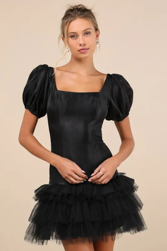 Notably Fabulous Black Taffeta Tiered Puff Sleeve Mini Dress made by Lulus