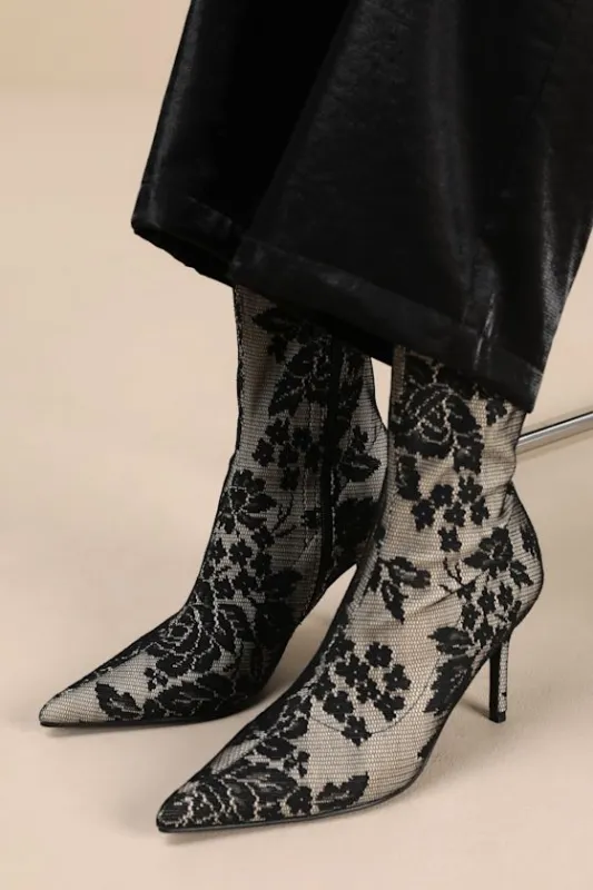 Marquetta Black Lace Pointed-Toe Ankle Booties sold by Lulus