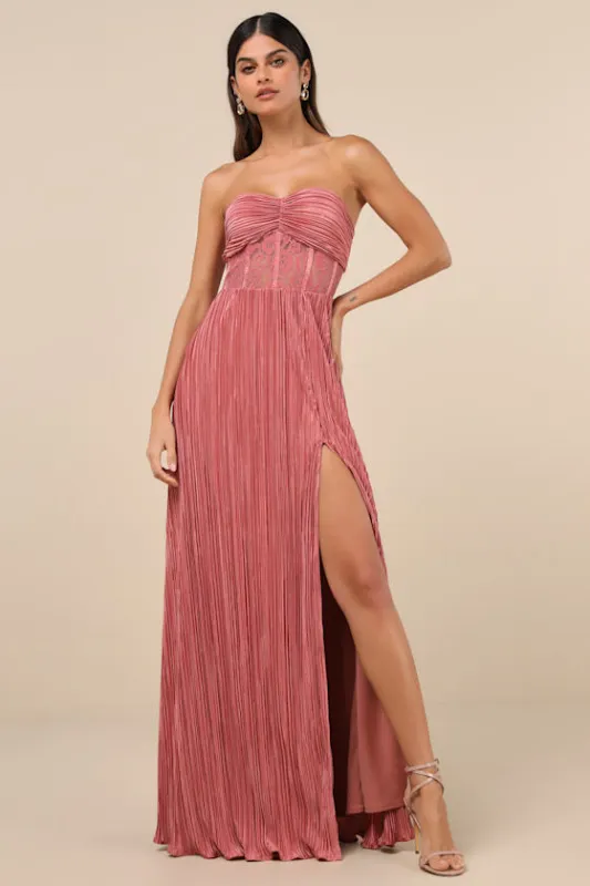 Desme Rose Pink Satin Plisse Strapless Maxi Dress sold by Lulus