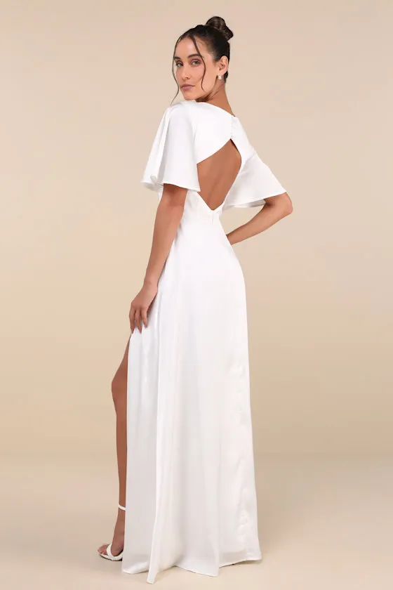 Elegant Confidence White Satin Flutter Sleeve Cutout Maxi Dress sold by Lulus