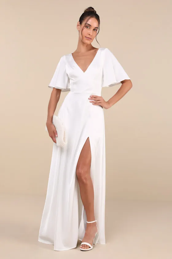 Elegant Confidence White Satin Flutter Sleeve Cutout Maxi Dress sold by Lulus product image thumbnail 2