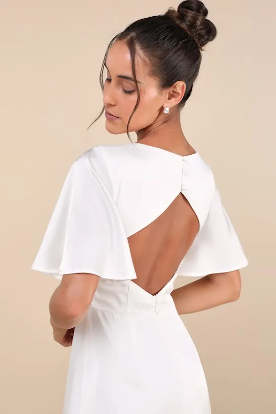 Elegant Confidence White Satin Flutter Sleeve Cutout Maxi Dress sold by Lulus product image thumbnail 4