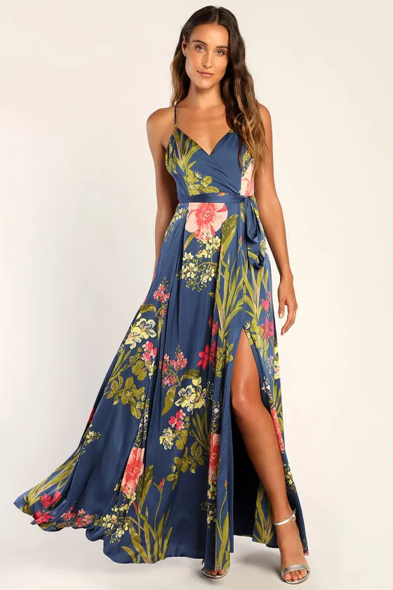 Still the One Blue Floral Print Satin Maxi Dress sold by Lulus